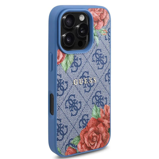 Pouzdro MagSafe pro Apple iPhone 16 Pro, Guess, 4G Flowers Print, Modrá