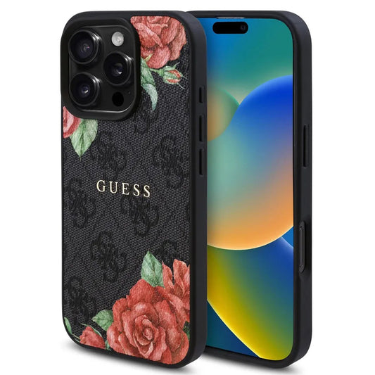 Pouzdro MagSafe pro Apple iPhone 16 Pro, Guess, 4G Flowers Print, Černá