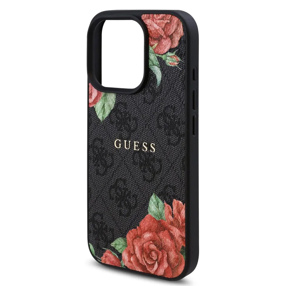 Pouzdro MagSafe pro Apple iPhone 16 Pro, Guess, 4G Flowers Print, Černá