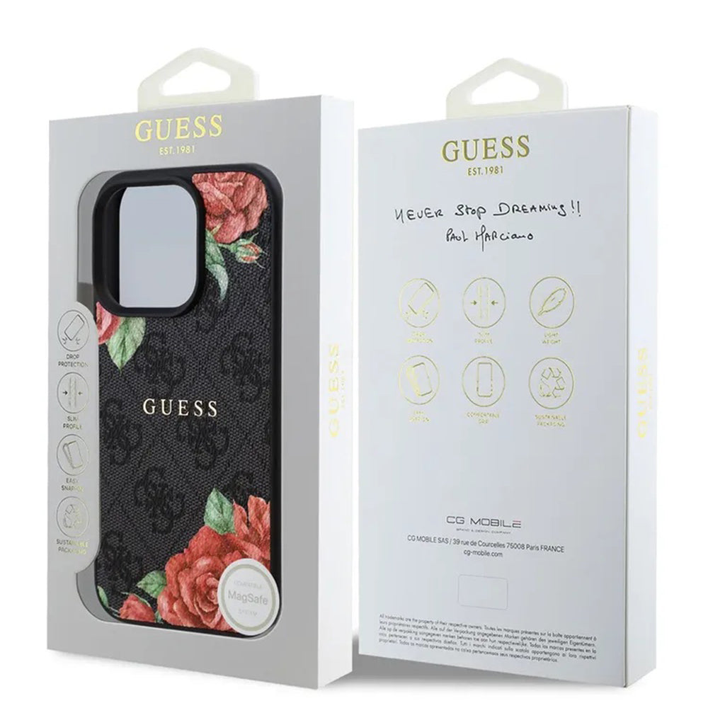 Pouzdro MagSafe pro Apple iPhone 16 Pro, Guess, 4G Flowers Print, Černá