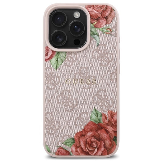 Pouzdro MagSafe pro Apple iPhone 16 Pro, Guess, 4G Flowers Print, Růžové
