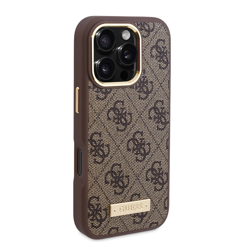 Pouzdro MagSafe pro Apple iPhone 16 Pro, Guess, 4G Logo Plate, Růžové