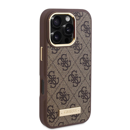 Pouzdro MagSafe pro Apple iPhone 16 Pro, Guess, 4G Logo Plate, Růžové