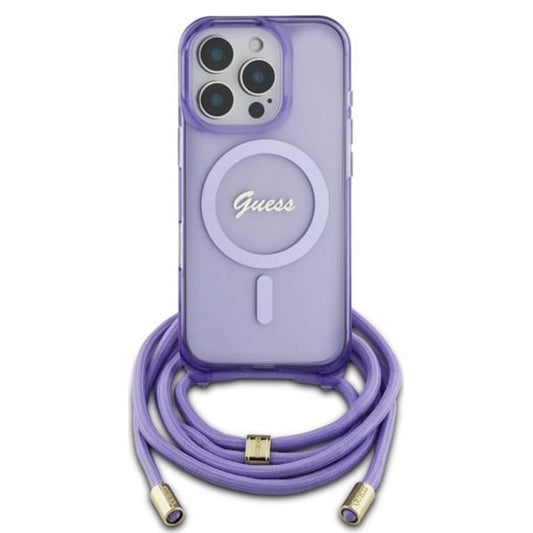 Pouzdro MagSafe pro Apple iPhone 16 Pro, Guess, IML Crossbody Cord Script, Mov