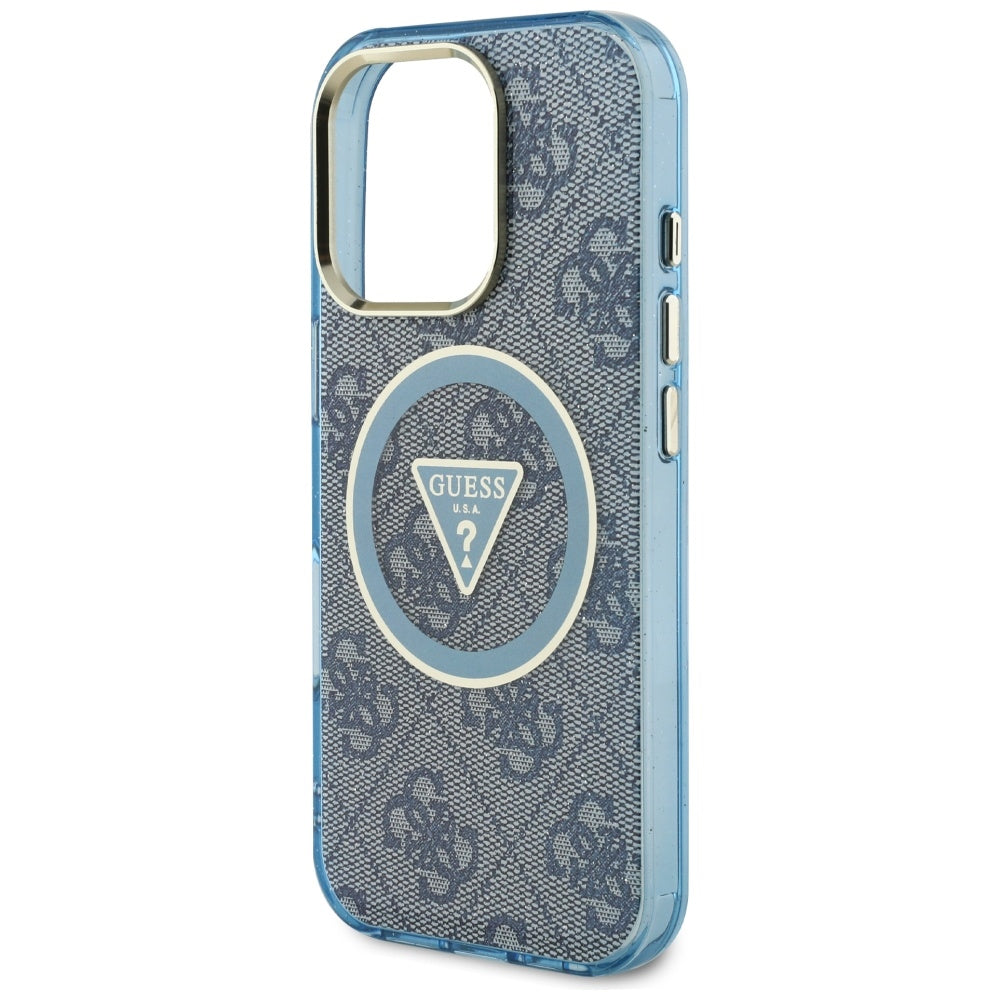Pouzdro MagSafe pro Apple iPhone 16 Pro, Guess, IML Glitter 4G Circle Triangle, Modrá