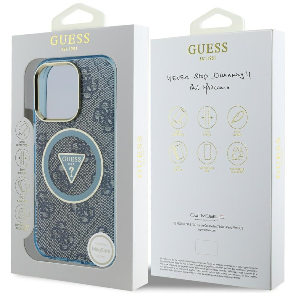 Pouzdro MagSafe pro Apple iPhone 16 Pro, Guess, IML Glitter 4G Circle Triangle, Modrá