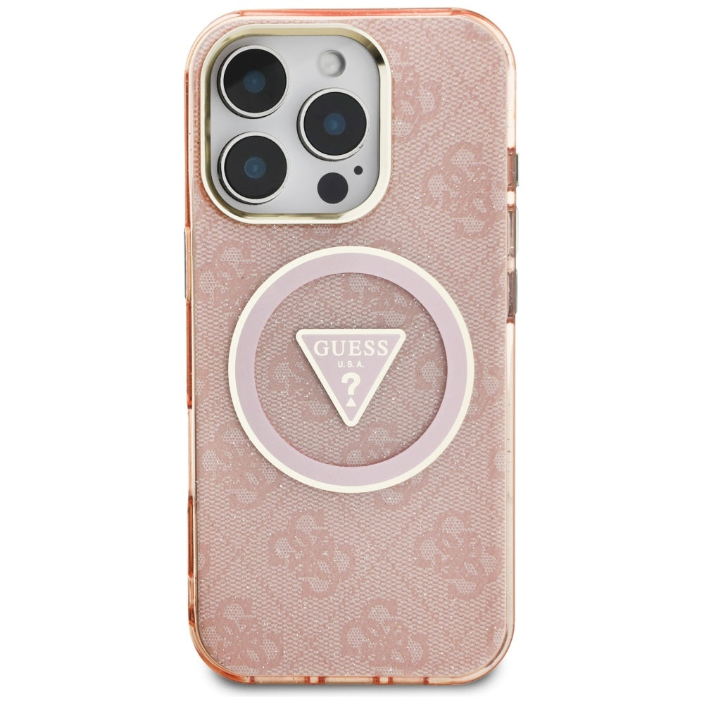 MagSafe Case for Apple iPhone 16 Pro, Guess, IML Glitter 4G Circle Triangle, Pink