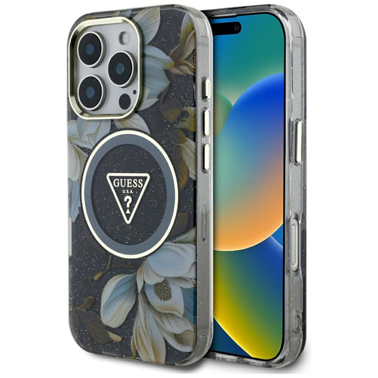 Pouzdro MagSafe pro Apple iPhone 16 Pro, Guess, IML Metal Glitter Flowers Triangle, Černá