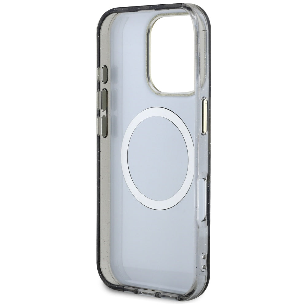 Pouzdro MagSafe pro Apple iPhone 16 Pro, Guess, IML Metal Glitter Flowers Triangle, Černá