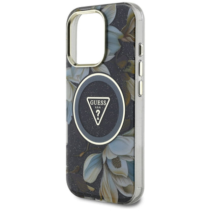 Pouzdro MagSafe pro Apple iPhone 16 Pro, Guess, IML Metal Glitter Flowers Triangle, Černá