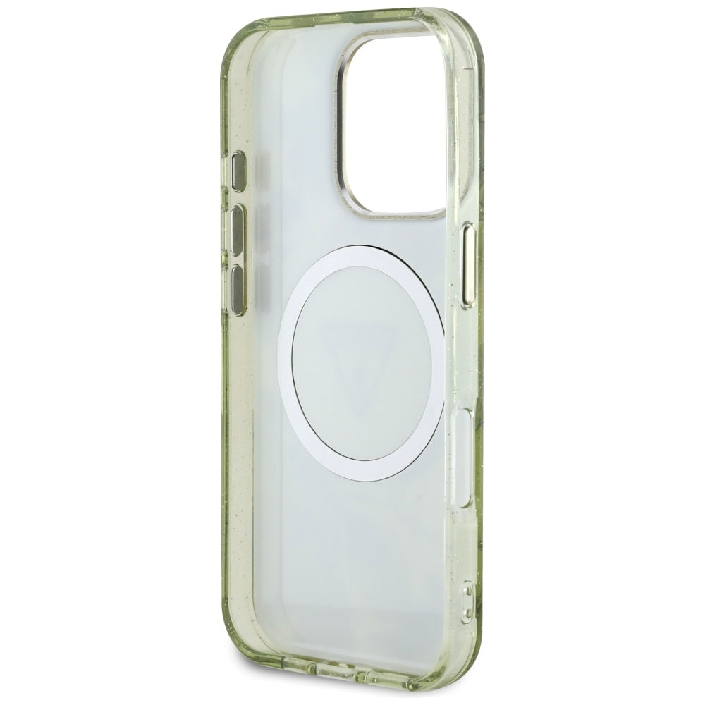 Pouzdro MagSafe pro Apple iPhone 16 Pro, Guess, IML Metal Glitter Flowers Triangle, Zelená