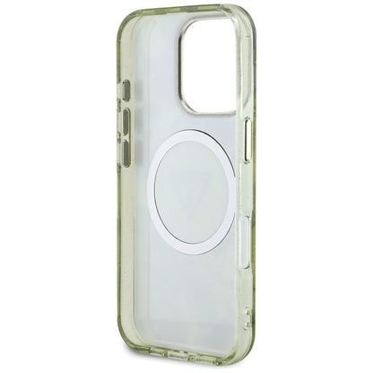 Pouzdro MagSafe pro Apple iPhone 16 Pro, Guess, IML Metal Glitter Flowers Triangle, Zelená