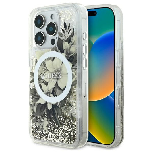 Pouzdro MagSafe pro Apple iPhone 16 Pro, Guess, Liquid Glitter Flower, Bežové