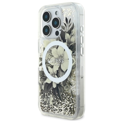 MagSafe Case for Apple iPhone 16 Pro, Guess, Liquid Glitter Flower, Beige