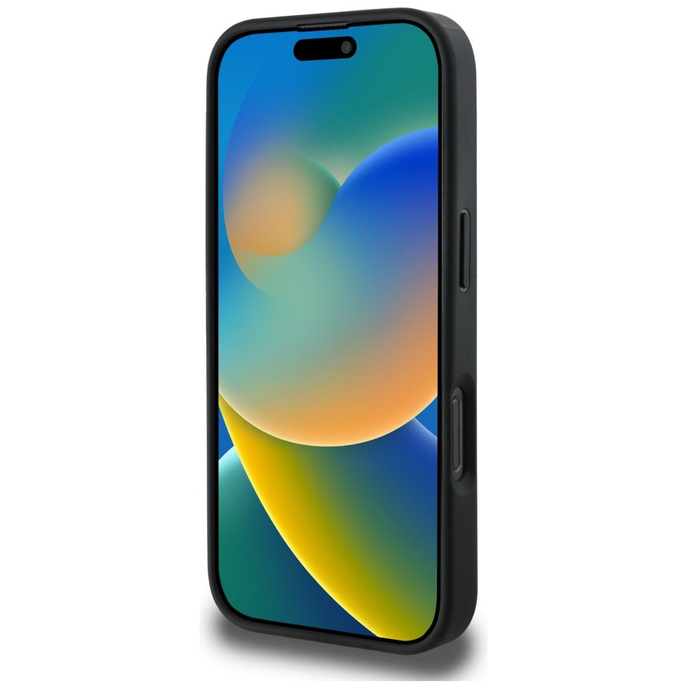 Pouzdro MagSafe pro Apple iPhone 16 Pro, Guess, Peony Grained Hot Stamp Triangle, Černá