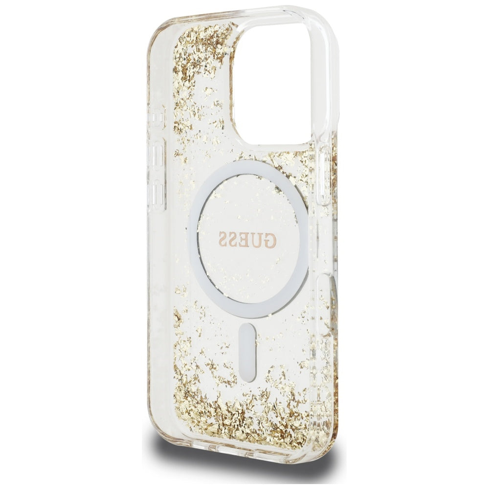 Pouzdro MagSafe pro Apple iPhone 16 Pro, Guess, Resin Bottom Glitter, Zlaté
