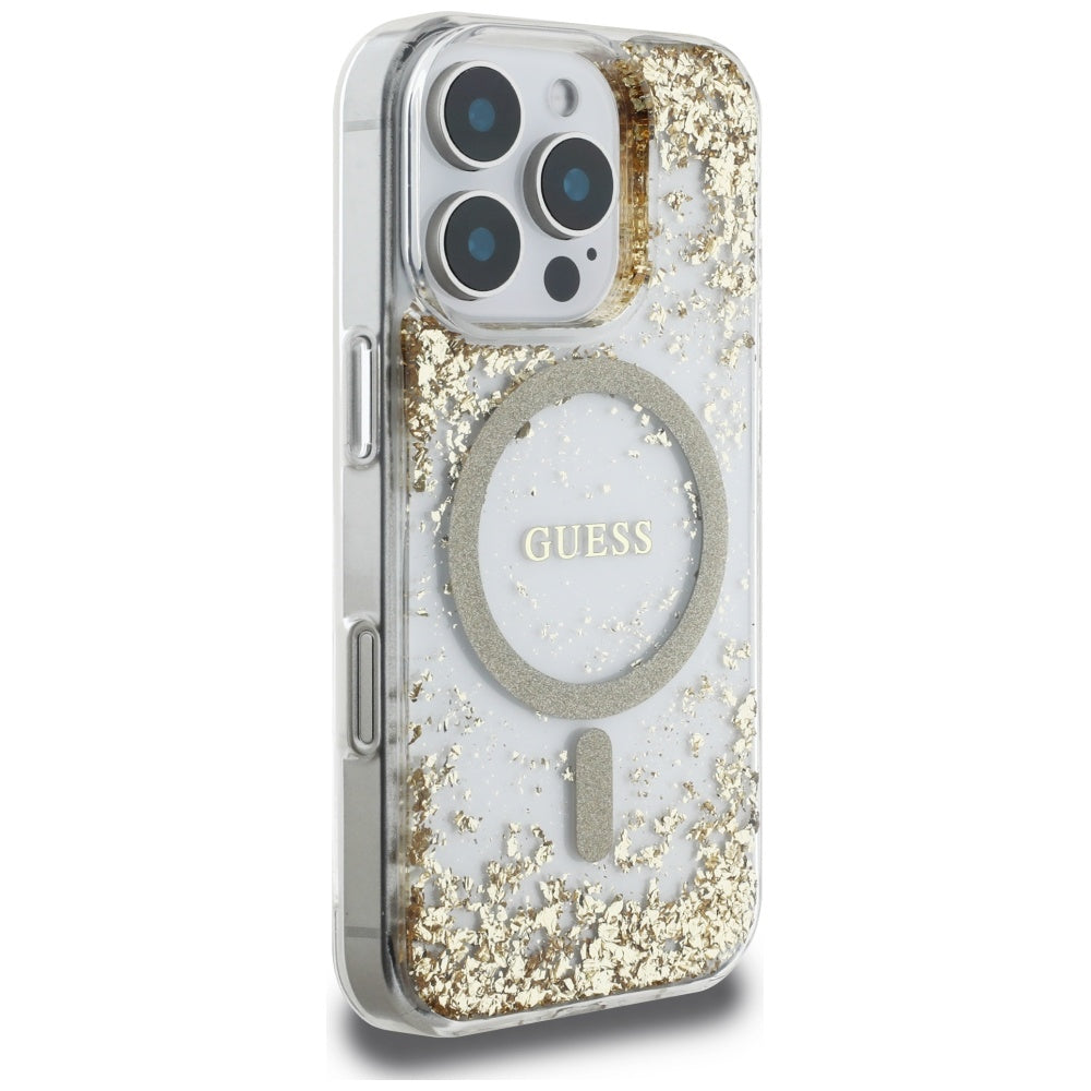 Pouzdro MagSafe pro Apple iPhone 16 Pro, Guess, Resin Bottom Glitter, Zlaté