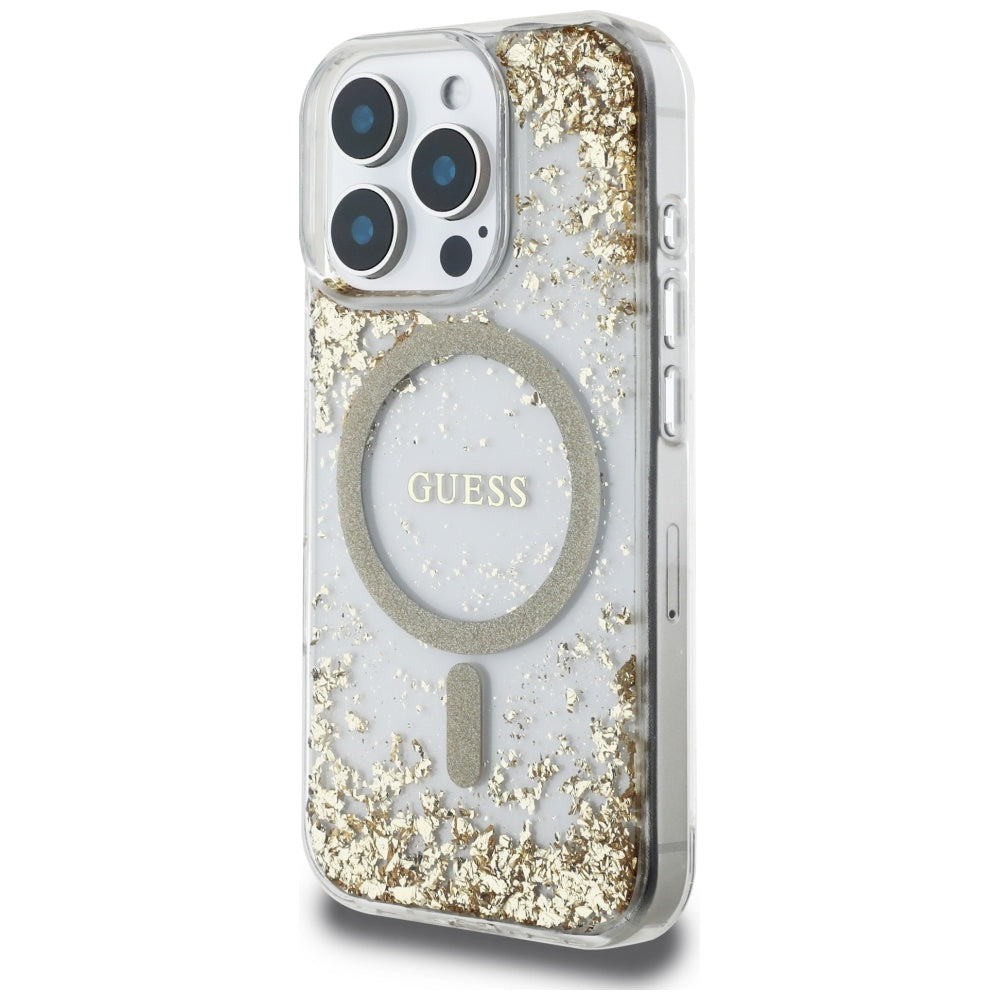 Pouzdro MagSafe pro Apple iPhone 16 Pro, Guess, Resin Bottom Glitter, Zlaté