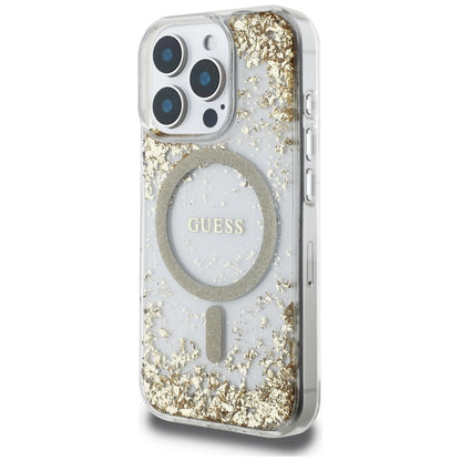 Pouzdro MagSafe pro Apple iPhone 16 Pro, Guess, Resin Bottom Glitter, Zlaté