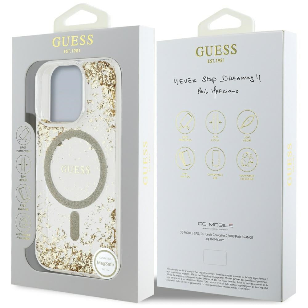 Pouzdro MagSafe pro Apple iPhone 16 Pro, Guess, Resin Bottom Glitter, Zlaté