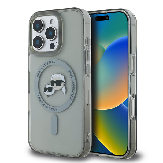 Pouzdro MagSafe pro Apple iPhone 16 Pro, Karl Lagerfeld, IML Metal Karl & Choupette's Heads, Černá
