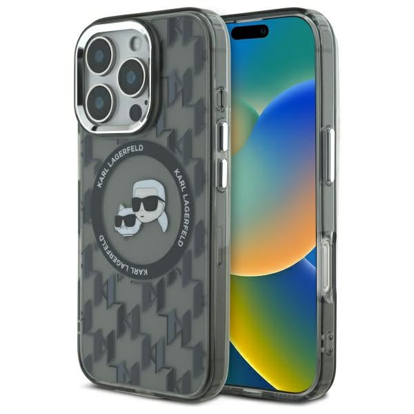 Pouzdro MagSafe pro Apple iPhone 16 Pro, Karl Lagerfeld, IML Monogram Karl & Choupette's Heads, Černá