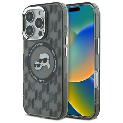 Pouzdro MagSafe pro Apple iPhone 16 Pro, Karl Lagerfeld, IML Monogram Karl & Choupette's Heads, Černá