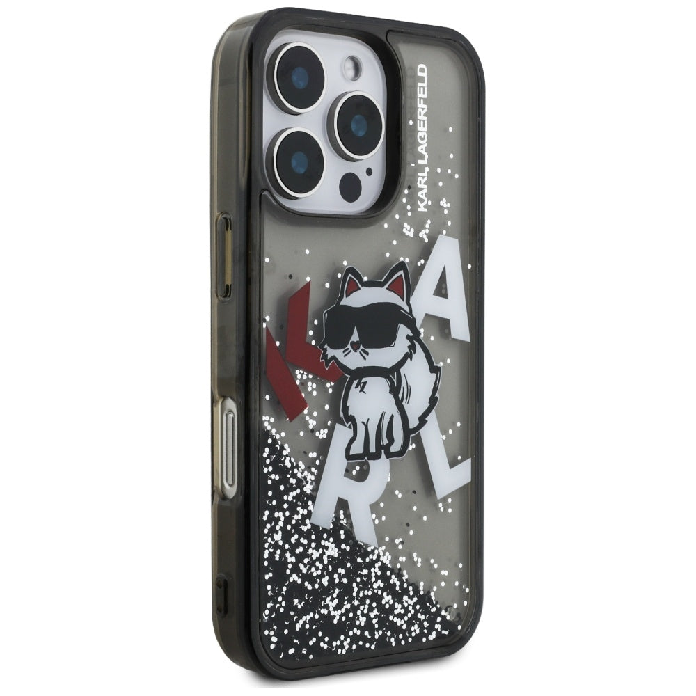 Pouzdro MagSafe pro Apple iPhone 16 Pro, Karl Lagerfeld, Liquid Glitter Choupette Logo, Černá