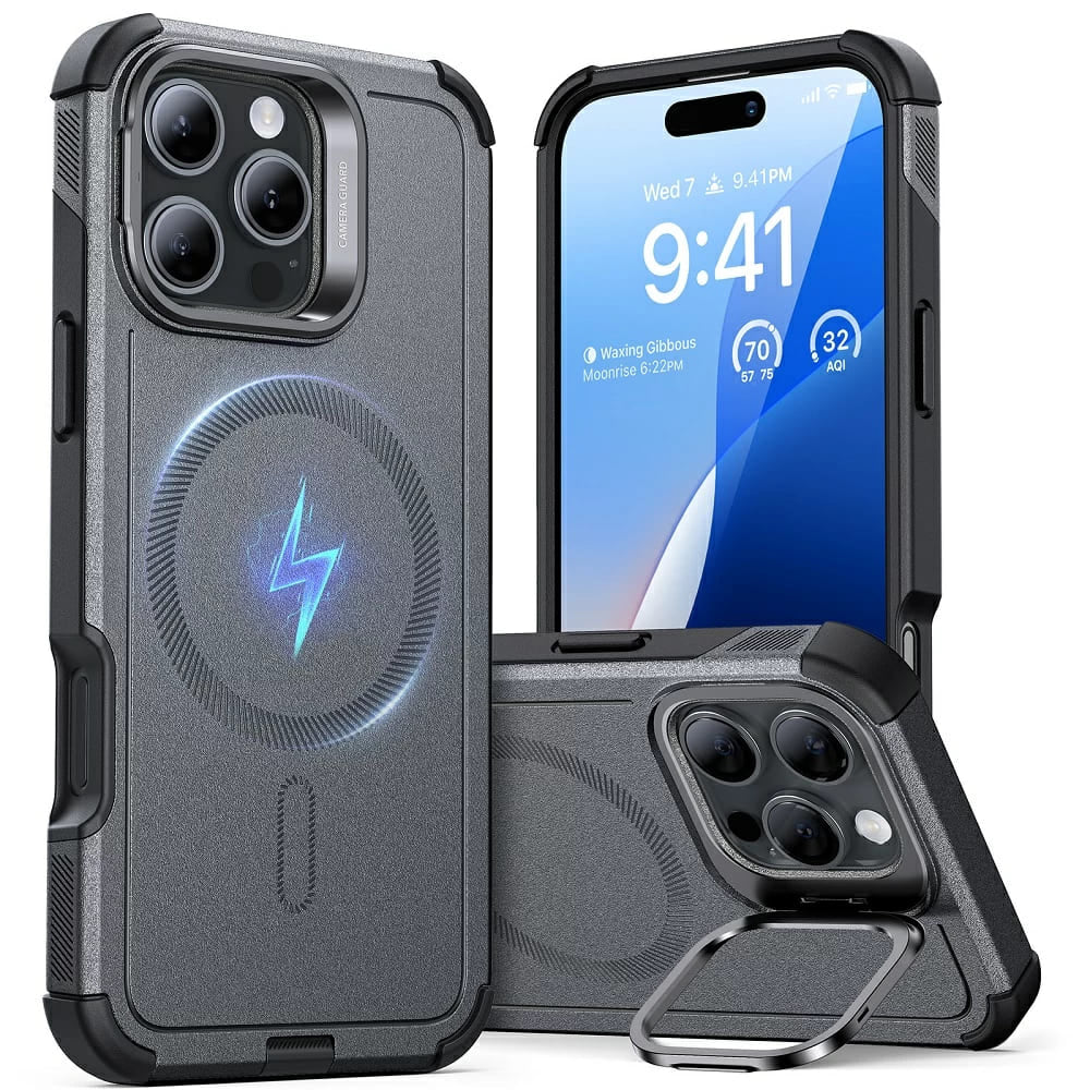 Pouzdro MagSafe pro Apple iPhone 16 Pro Max, ESR, Cyber Armor Kickstand, Šedé