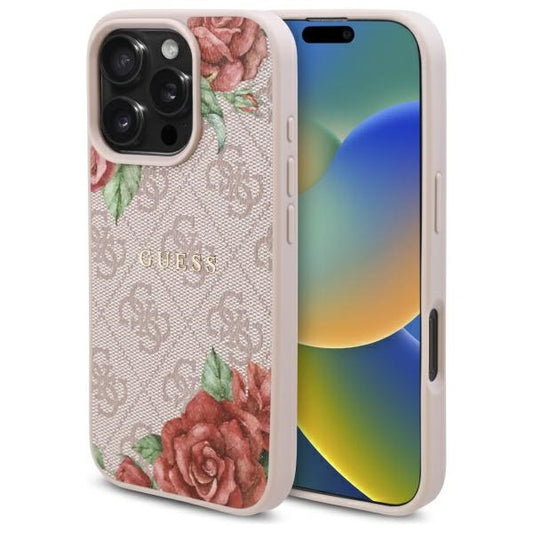 Pouzdro MagSafe pro Apple iPhone 16 Pro Max, Guess, 4G Flowers Print, Růžové