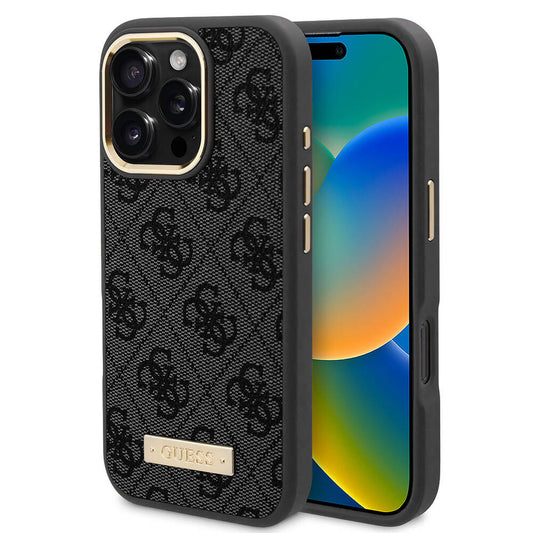 Pouzdro MagSafe pro Apple iPhone 16 Pro Max, Guess, 4G Logo Plate, Černá