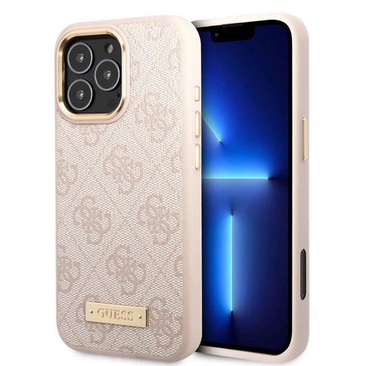 Pouzdro MagSafe pro Apple iPhone 16 Pro Max, Guess, 4G Logo Plate, Růžové