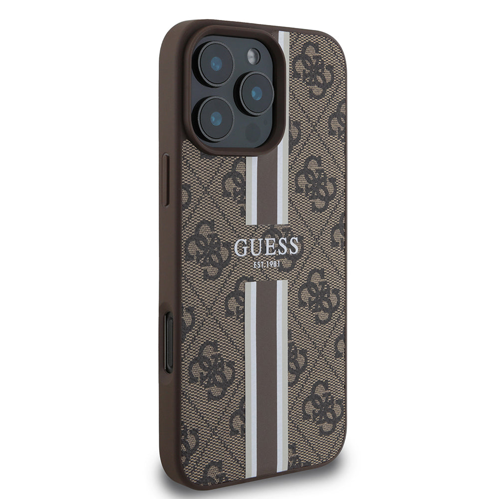 Pouzdro MagSafe pro Apple iPhone 16 Pro Max, Guess, 4G Printed Stripes, Hnědá