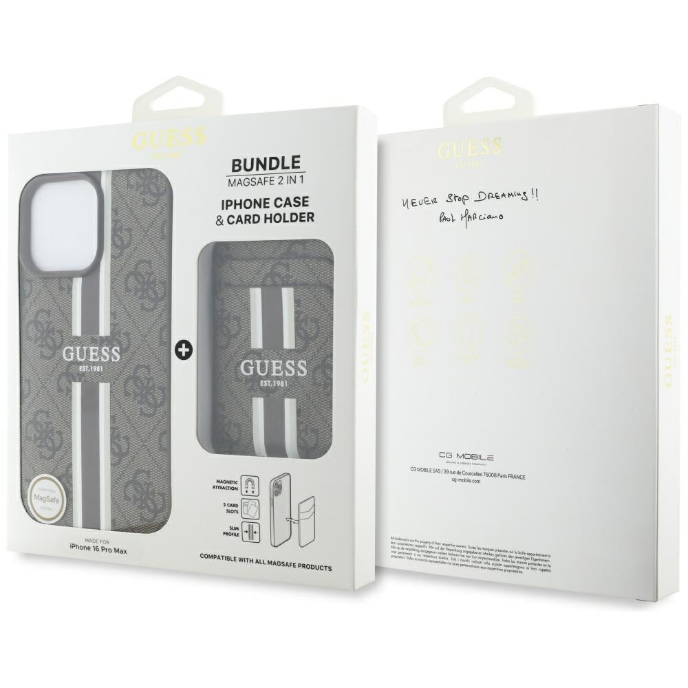 Pouzdro MagSafe pro Apple iPhone 16 Pro Max, Guess, Cardslot 4G Stripes, Hnědá