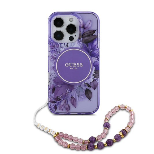 Pouzdro MagSafe pro Apple iPhone 16 Pro Max, Guess, IML Flowers with Pearl Strap, Fialová