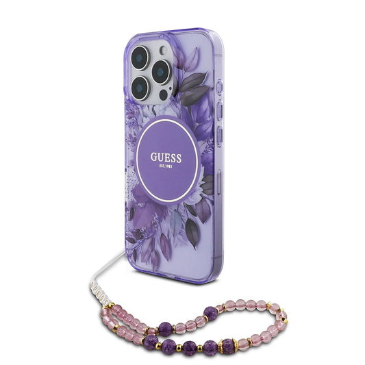 Pouzdro MagSafe pro Apple iPhone 16 Pro Max, Guess, IML Flowers with Pearl Strap, Fialová