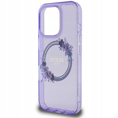 Pouzdro MagSafe pro Apple iPhone 16 Pro Max, Guess, IML Flowers Wreath, Fialová