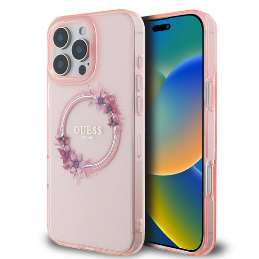 Pouzdro MagSafe pro Apple iPhone 16 Pro Max, Guess, IML Flowers Wreath, Růžové