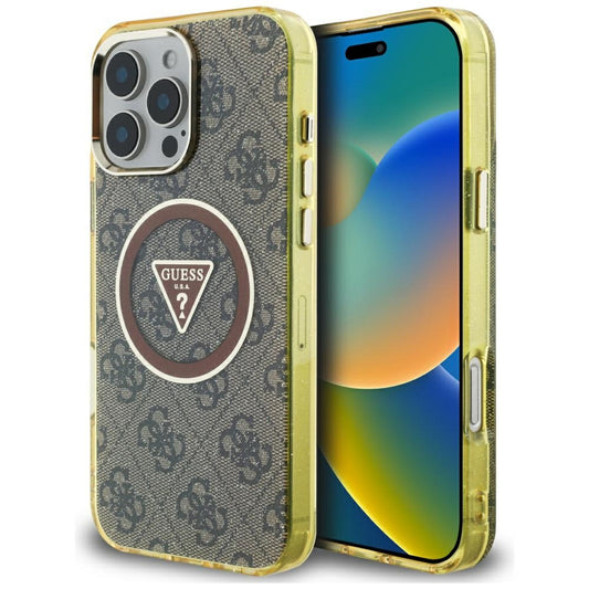 Pouzdro MagSafe pro Apple iPhone 16 Pro Max, Guess, IML Glitter 4G Circle Triangle, hnědá