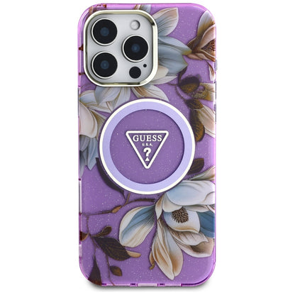 Pouzdro MagSafe pro Apple iPhone 16 Pro Max, Guess, IML Metal Glitter Flowers Triangle, Fialová