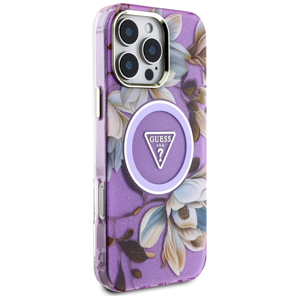 Pouzdro MagSafe pro Apple iPhone 16 Pro Max, Guess, IML Metal Glitter Flowers Triangle, Fialová