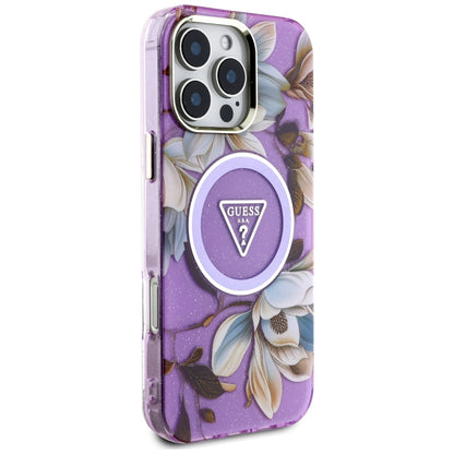 Pouzdro MagSafe pro Apple iPhone 16 Pro Max, Guess, IML Metal Glitter Flowers Triangle, Fialová