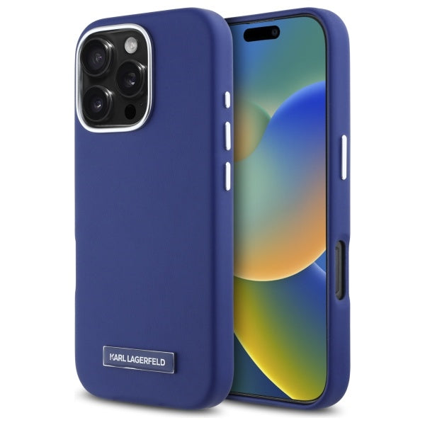 Pouzdro MagSafe pro Apple iPhone 16 Pro Max, Karl Lagerfeld, FW Metal Plate, Modrá