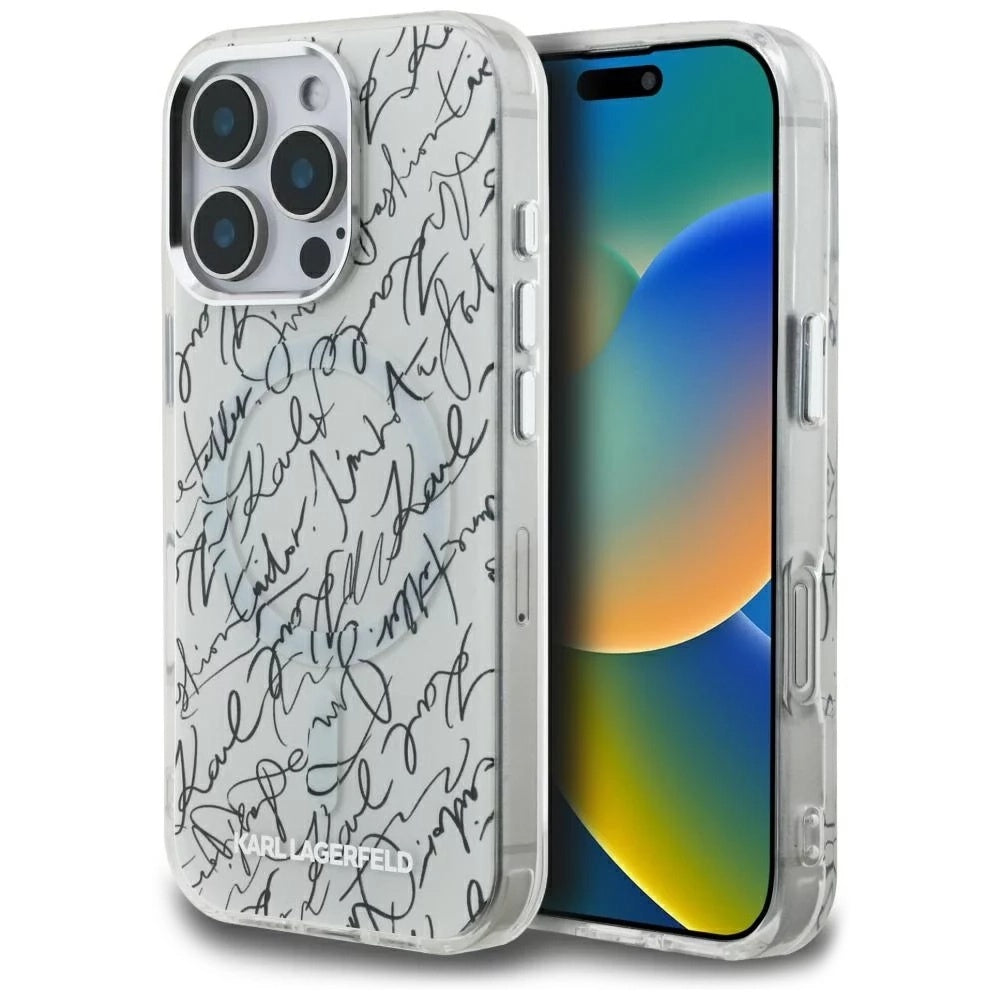 Pouzdro MagSafe pro Apple iPhone 16 Pro Max, Karl Lagerfeld, IML Karl Script Pattern, Bílá