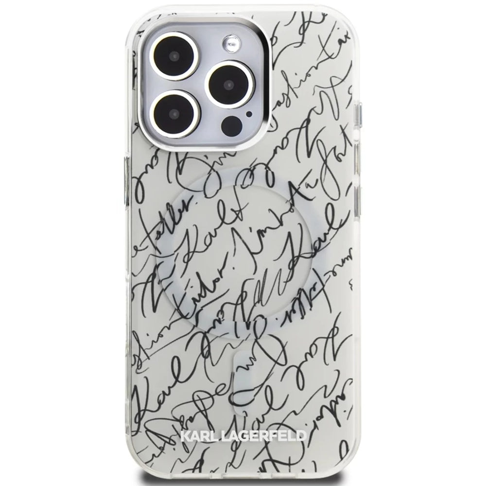 Pouzdro MagSafe pro Apple iPhone 16 Pro Max, Karl Lagerfeld, IML Karl Script Pattern, Bílá