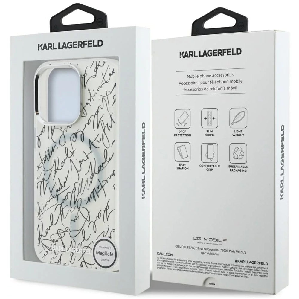 Pouzdro MagSafe pro Apple iPhone 16 Pro Max, Karl Lagerfeld, IML Karl Script Pattern, Bílá