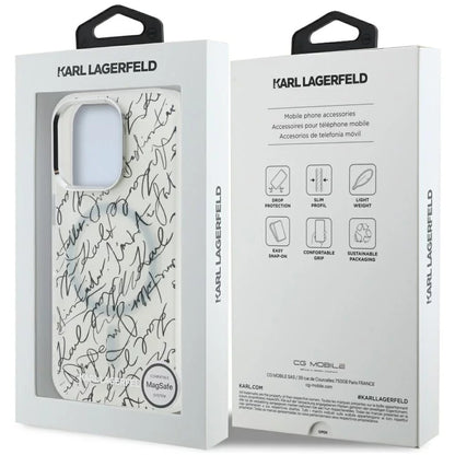 Pouzdro MagSafe pro Apple iPhone 16 Pro Max, Karl Lagerfeld, IML Karl Script Pattern, Bílá