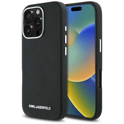 MagSafe Case for Apple iPhone 16 Pro Max, Karl Lagerfeld, Saffiano Full Wrapped Elongated Metal Logo, Black