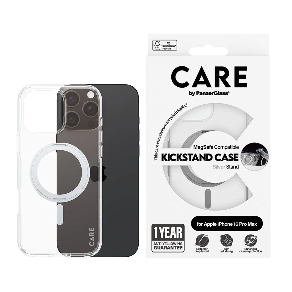 Pouzdro MagSafe pro Apple iPhone 16 Pro Max, PanzerGlass, Care Feature Kickstand, Stříbrně průhledné