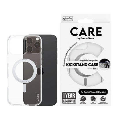 Pouzdro MagSafe pro Apple iPhone 16 Pro Max, PanzerGlass, Care Feature Kickstand, Stříbrně průhledné